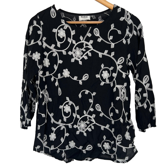 Kindred Tops - Kindred Blouse Top Womens M Black White Embroidered Boho Cottagecore Floral